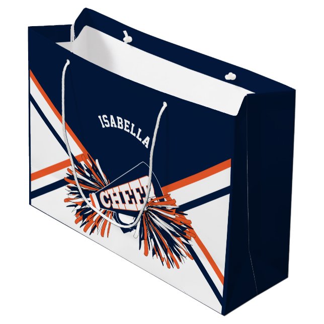 Cheleader 📣 - Dunkelblau, orange, weiß - Groß Große Geschenktüte (Vorderseite Schrägansicht)
