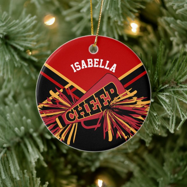 Cheleader 📣 💖 - Dunkelrot, Schwarz und Gold Keramik Ornament (Baum)