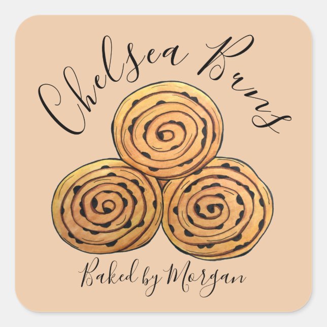Chelsea Buns Currant Roll Bäckerei hausgemacht von Quadratischer Aufkleber (Vorderseite)