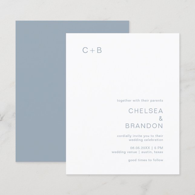 Chelsea Dusty Blue Modern Wedding Einladung (Vorne/Hinten)