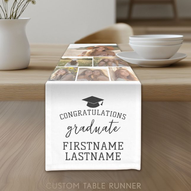 Chemin De Table Court 6 Photo Collage Graduation Moderne Minimal Blanc (Custom Photo Table Runner)