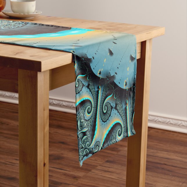 Chemin De Table Court Abstraite spirale d'art fractal bleu turquoise ora (In Situ)