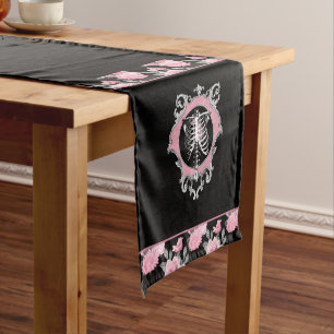Chemin De Table Court Amour gothique Squelette rose et noir Coeur flor