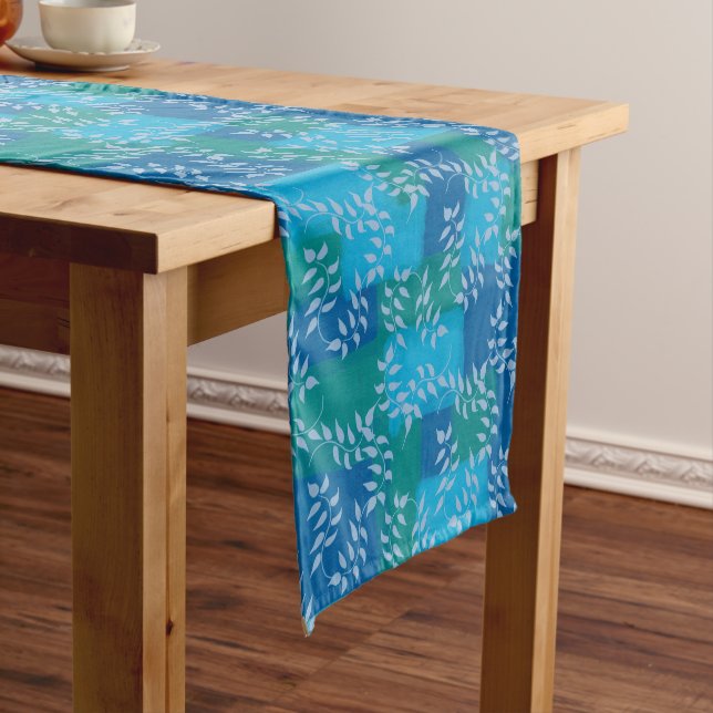 Chemin De Table Court Aquarelle bleu vert ivoire (In Situ)