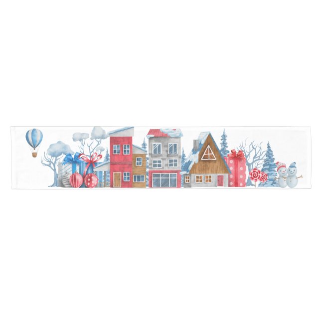 Chemin De Table Court Aquarelle Happyland Noël Illustration (Horizontal)