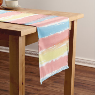 Chemin De Table Court Aquarelle rose jaune bleu rayures