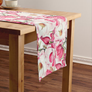 Chemin De Table Court Aquarelle rose Magnolia Motif
