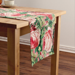 Chemin De Table Court Aquarelle Rose & Rose Rouge Fleurs & Feuilles vert