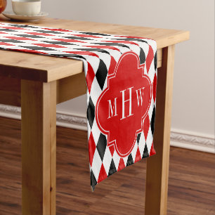 Chemin De Table Court Arlequin noir blanc rouge Quatrefoil rouge 3 Monog