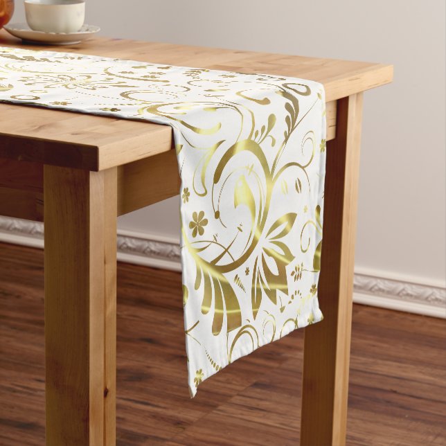 Chemin De Table Court Arrière - plan blanc Gold Damask (In Situ)
