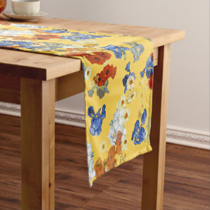 Chemin De Table Court Art Moderne Bleu Fleurs rouges moutarde Jaune