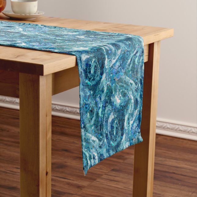 Chemin De Table Court Bleu Blanc Turquoise Mer Waves Motif d'abstraction (In Situ)