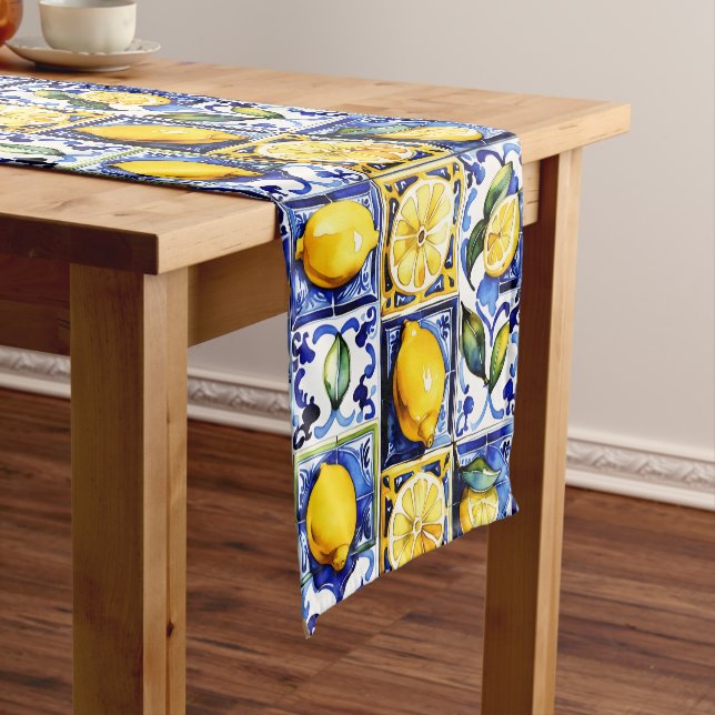 Chemin De Table Court Bleu Majolica tuiles citrons thème méditerranéen (In Situ)