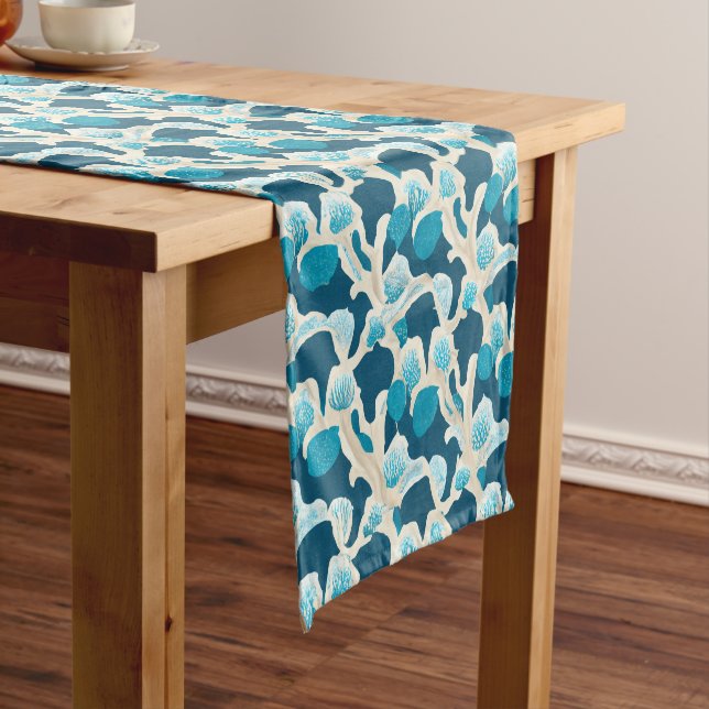 Chemin De Table Court Bleu Océan Abstrait | Motif côtier (In Situ)