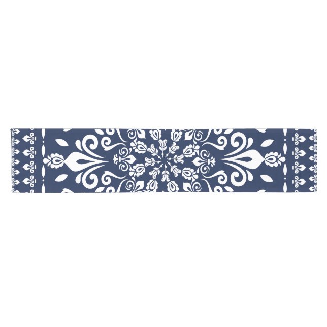 Chemin De Table Court Bleu oriental et blanc de damassé (Horizontal)
