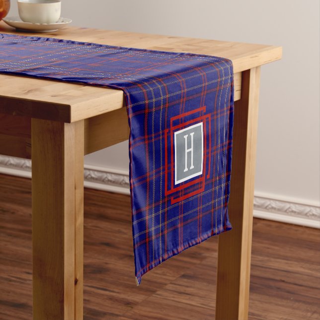 Chemin De Table Court Blue Red Tartan Monogram  (In Situ)