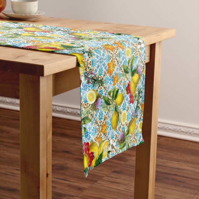 Chemin De Table Court Blue tiles lemon Mediterranean (In Situ)