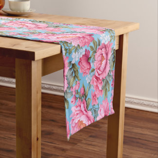 Chemin De Table Court Boho fleurs roses sur bleu