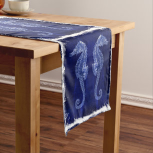 Chemin De Table Court bois dérive rustique vintage bleu hippocampe maria