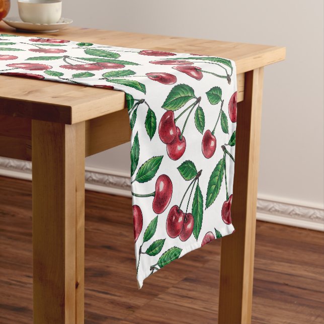 Chemin De Table Court Cerises rouges sur blanc (In Situ)