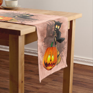 Chemin De Table Court Chat effrayé par Citrouille Fun Halloween caractèr