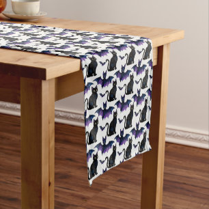 Chemin De Table Court Chats noirs et chauves-souris violettes