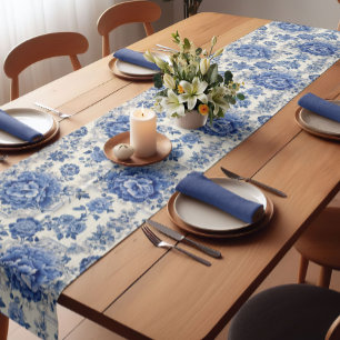 Chemin De Table Court Chic Bleu blanc à fleurs chinoiserie toile monogra