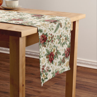 Chemin De Table Court Classic Poinsettia Pine Christmas Botanical 