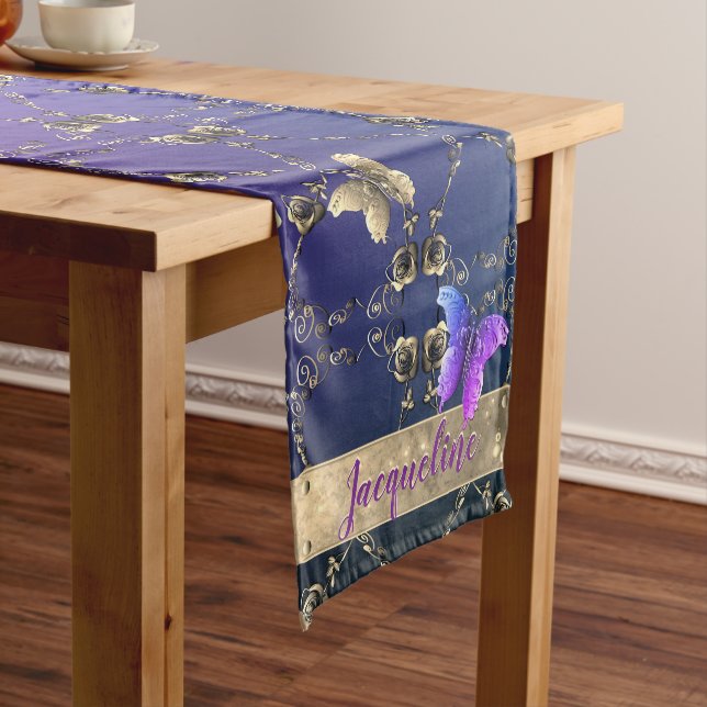 Chemin De Table Court Coeurs et papillons Roses argentés avec nom (In Situ)