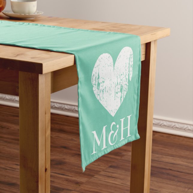 Chemin De Table Court Coureur de table de coeur monogramme turquoise pou (In Situ)