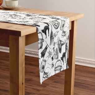 Chemin De Table Court Crânes Broomsticks Citrouille Bats Halloween