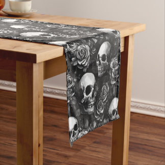 Chemin De Table Court Crânes Et Halloween Noir Rose