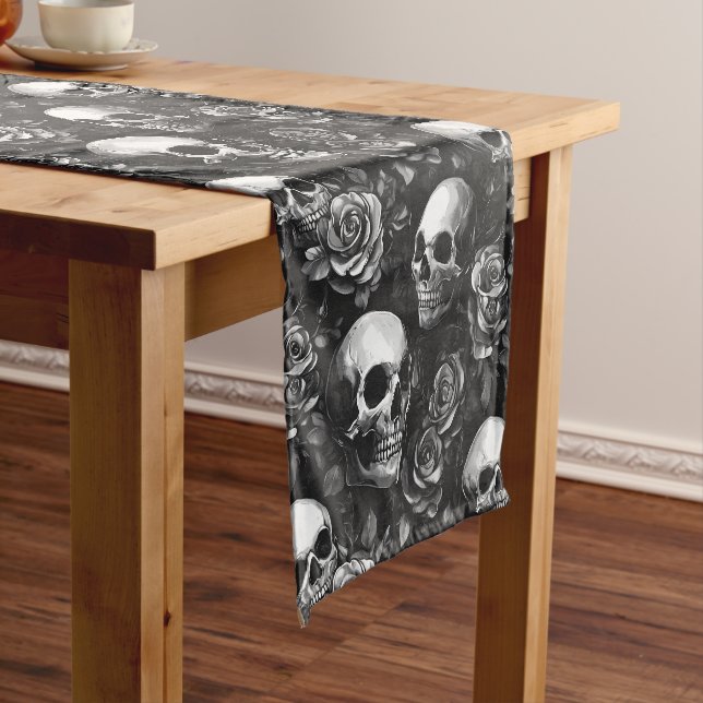 Chemin De Table Court Crânes Et Halloween Noir Rose (In Situ)