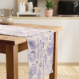 Chemin De Table Court Cute Hand Drawn Italian Food and Flowers