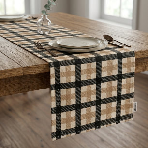 Chemin De Table Court Dark Academia Noir et Camel Plaid Tartan 