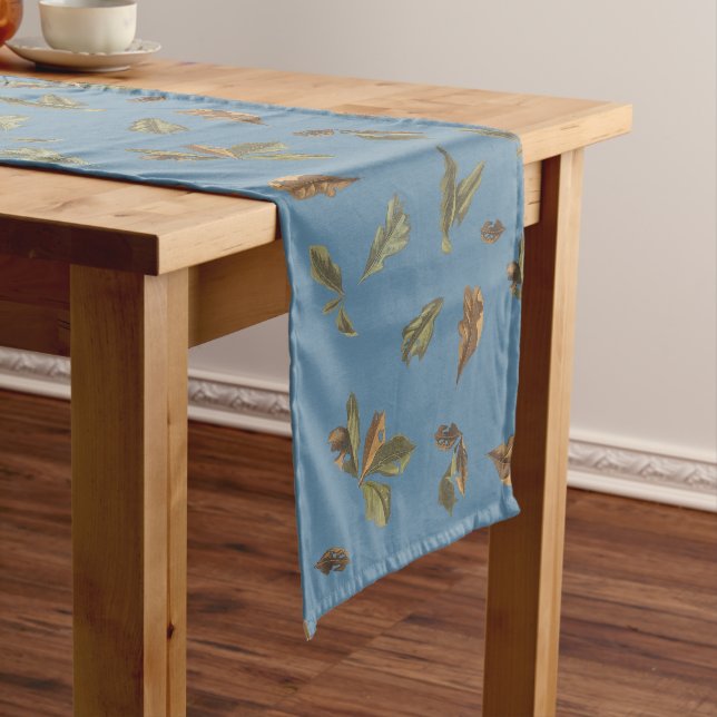 Chemin De Table Court Dusty Blue Rustic Feuilles Brown (In Situ)