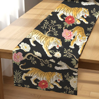 Chemin De Table Court Elegant Black Chinoiserie Tiger and Peony Pattern