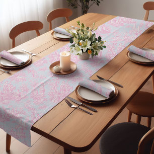 Chemin De Table Court Élégant bleu vintage rose de toile de jouy imprimé