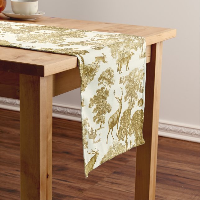 Chemin De Table Court Elégant Chic Gold Toile Deer Woodland (In Situ)
