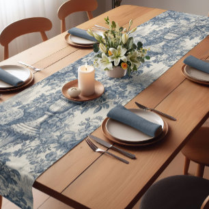 Chemin De Table Court Élégant monogramme vintage Blue toile de jouy