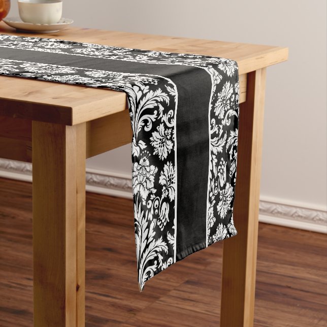 Chemin De Table Court Elégant noir et blanc Damas & Stripes (In Situ)