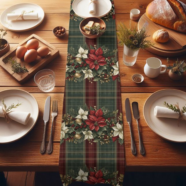 Chemin De Table Court Élégant Plaid Poinsettias Noël (Créateur téléchargé)