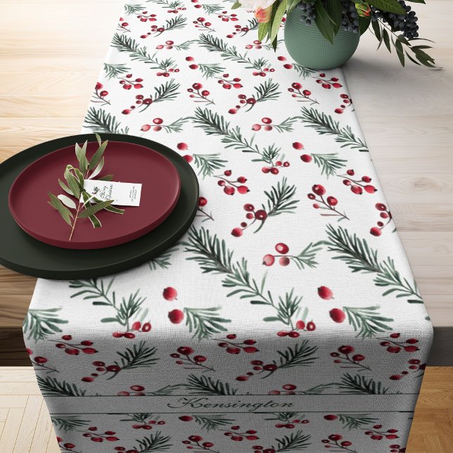 Chemin De Table Court Élégant Rustique Noël Aquarelle Motif de pin (Elegant Rustic Christmas Watercolor Pine Pattern Table Runner)