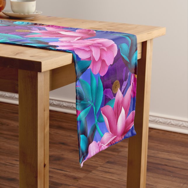 Chemin De Table Court Élégant Tropical Rose bleu violet vert (In Situ)