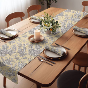 Chemin De Table Court Elégant vintage jaune gris toile d jouy imprimé