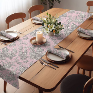 Chemin De Table Court Élégant vintage rose gris toile d jouy imprimé