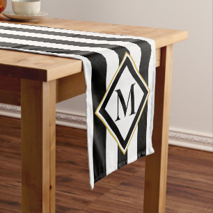 Chemin De Table Court Elégantes bandes noires et blanches avec Monogram