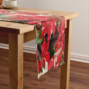 Chemin De Table Court Festive Rouge Blanc Floral Poinsettia Fleurs