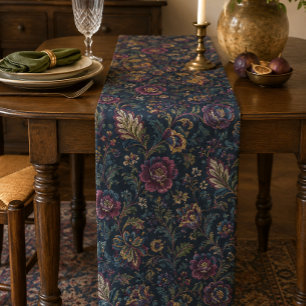Chemin De Table Court Fleur foncée élégante vintage crewel botanique
