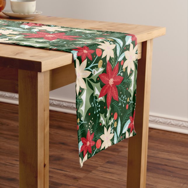 Chemin De Table Court Fleurs de Poinsettia et Noël Feuille (In Situ)